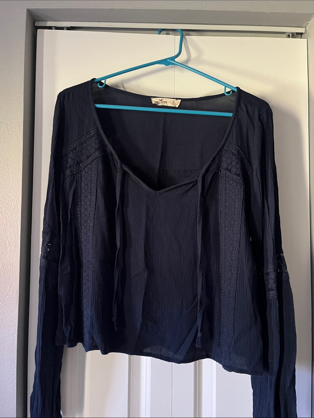 Hollister Navy Lace-Panel Peasant Blouse